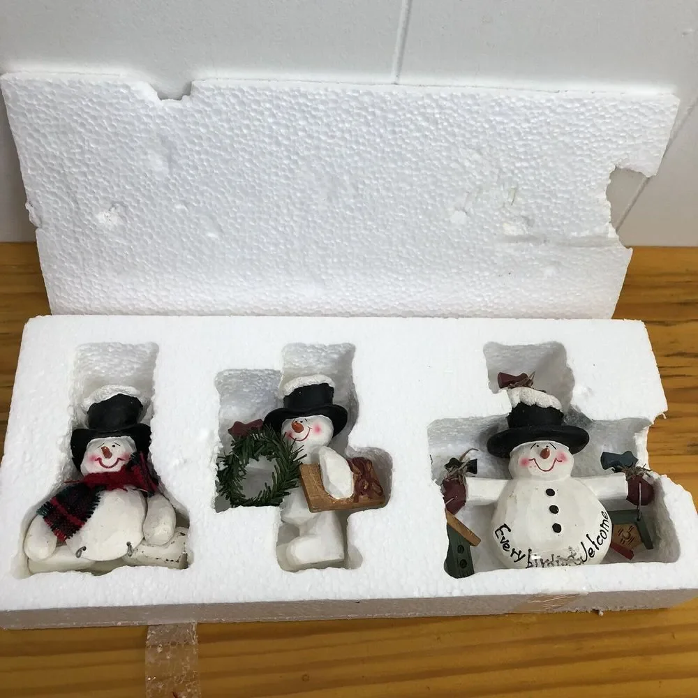 Folk Art Set 3 Snowmen Christmas Tree Ornaments‎ In Box Holiday Decor